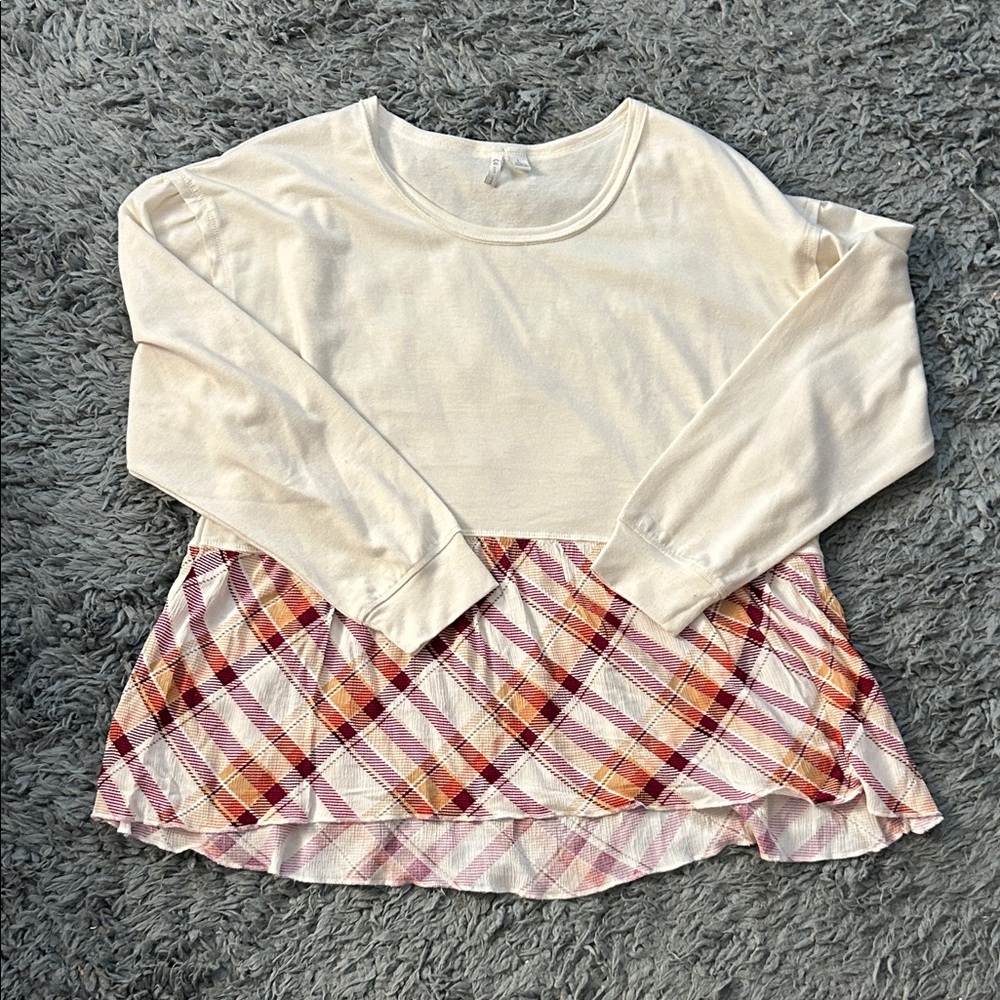 Cato Cream Long Sleeve Top with Pink & Orange Plaid Ruffle Hem